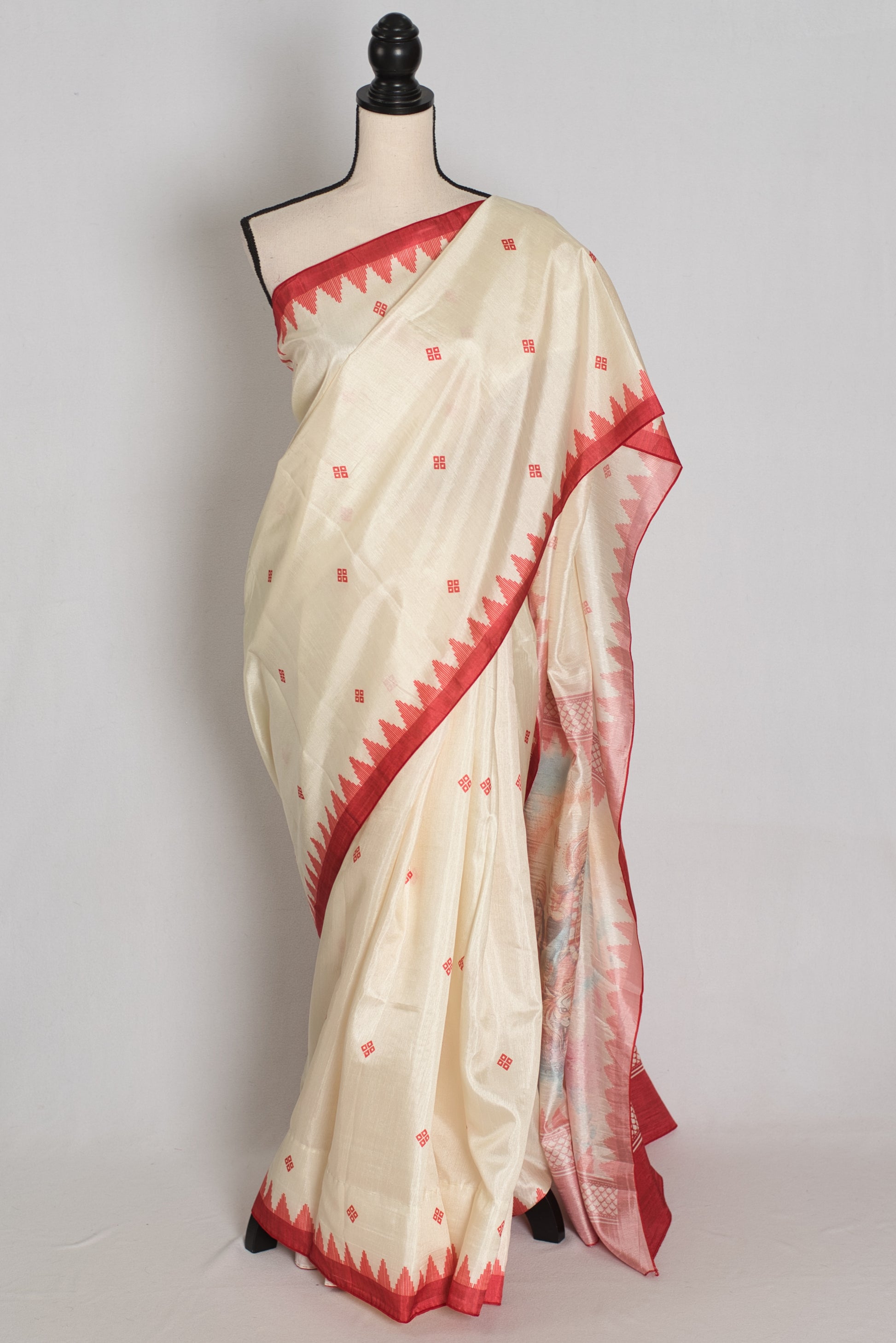 Gauri: Traditional Cream and Red Semi Silk Durga Puja Saree with Durga Pallu image 0