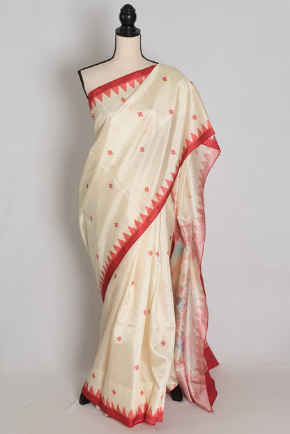 Gauri: Traditional Cream and Red Semi Silk Durga Puja Saree with Durga Pallu image 0