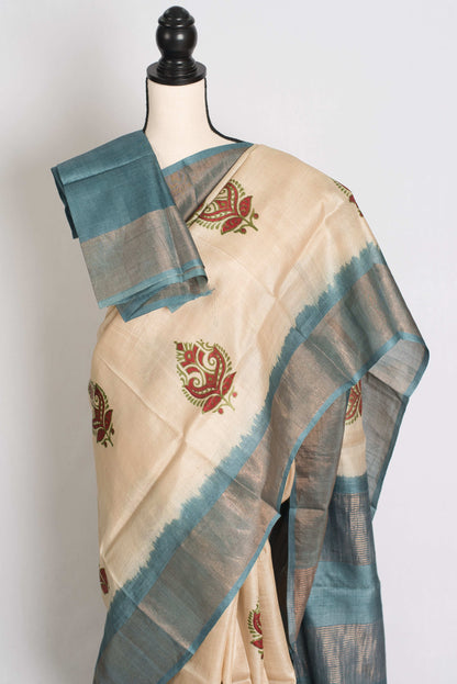 Bristy: Hand Block Printed Tussar Silk Saree in Cream and Grey image 2