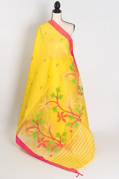 Shruti: Bright Yellow & Pink Bengal Linen-Cotton Saree | Handwoven Jamdani Pallu image 1
