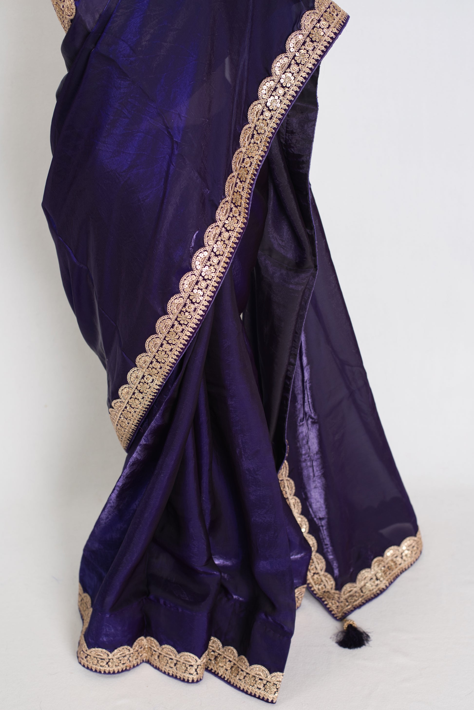 Nadia : Designer Glass Tissue Purple Partywear Saree with Patched Golden Border image 5