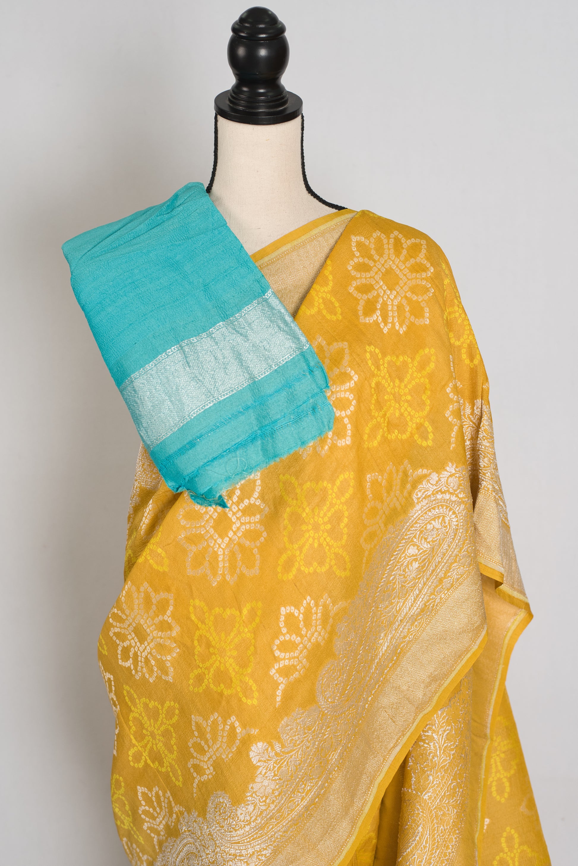 Gauri : Yellow Bandhani Tussar Georgette Banarasi Saree | Silk Mark Certified image 2