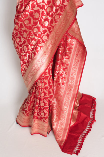 Subha : Red and Gold Katan Silk Jangla Bridal Banarasi Saree image 6