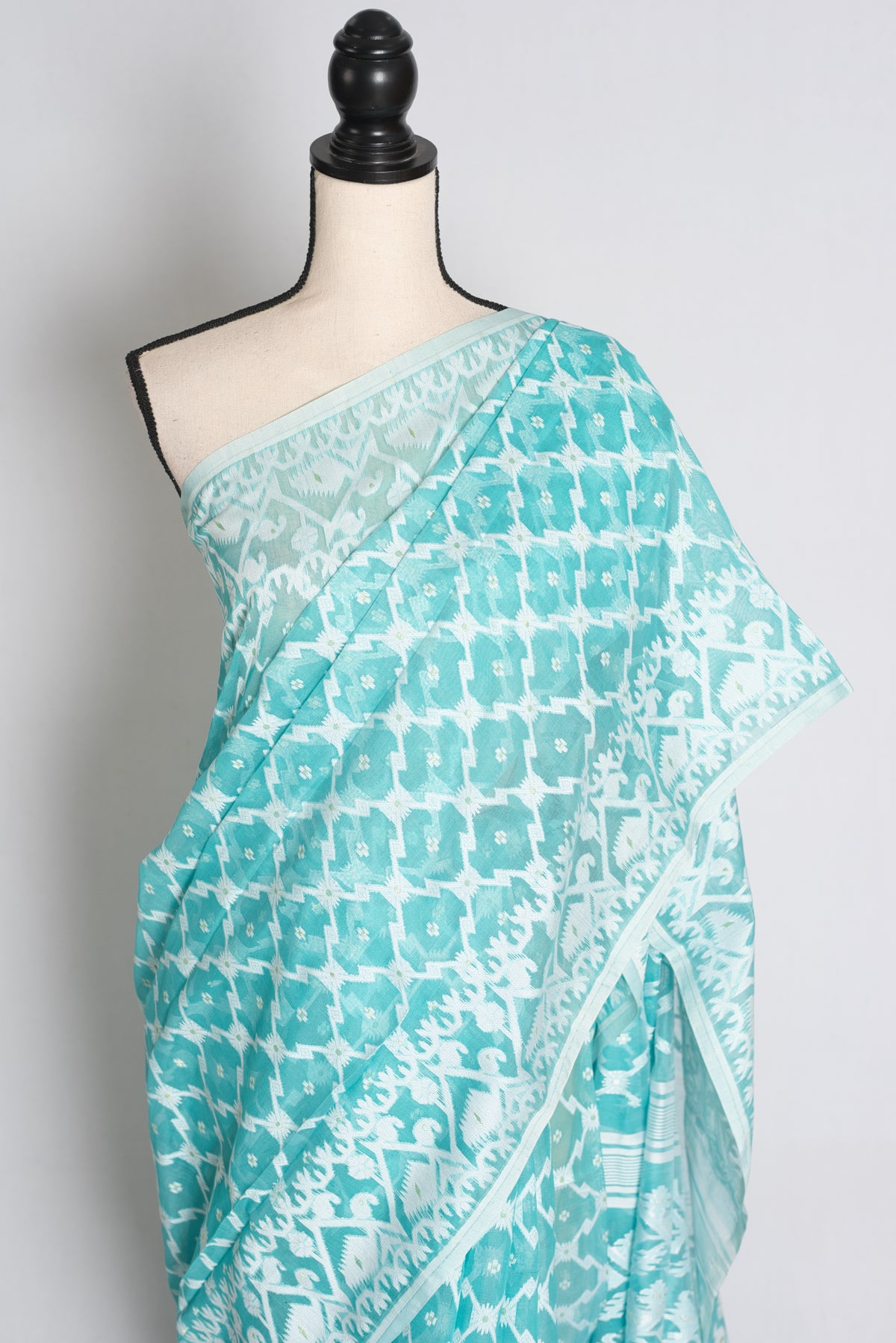 Turquoise Blue and White Jamdani saree — drape view