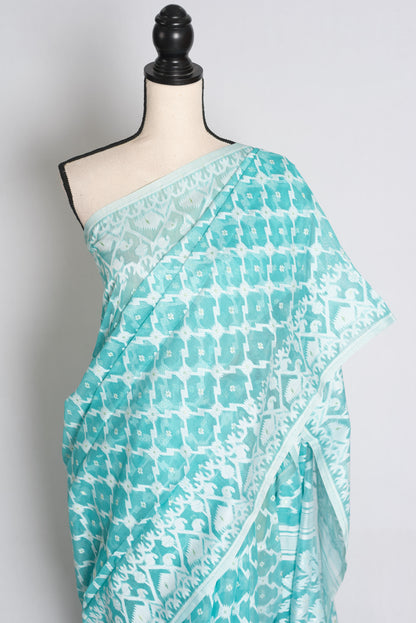 Turquoise Blue and White Jamdani saree — drape view
