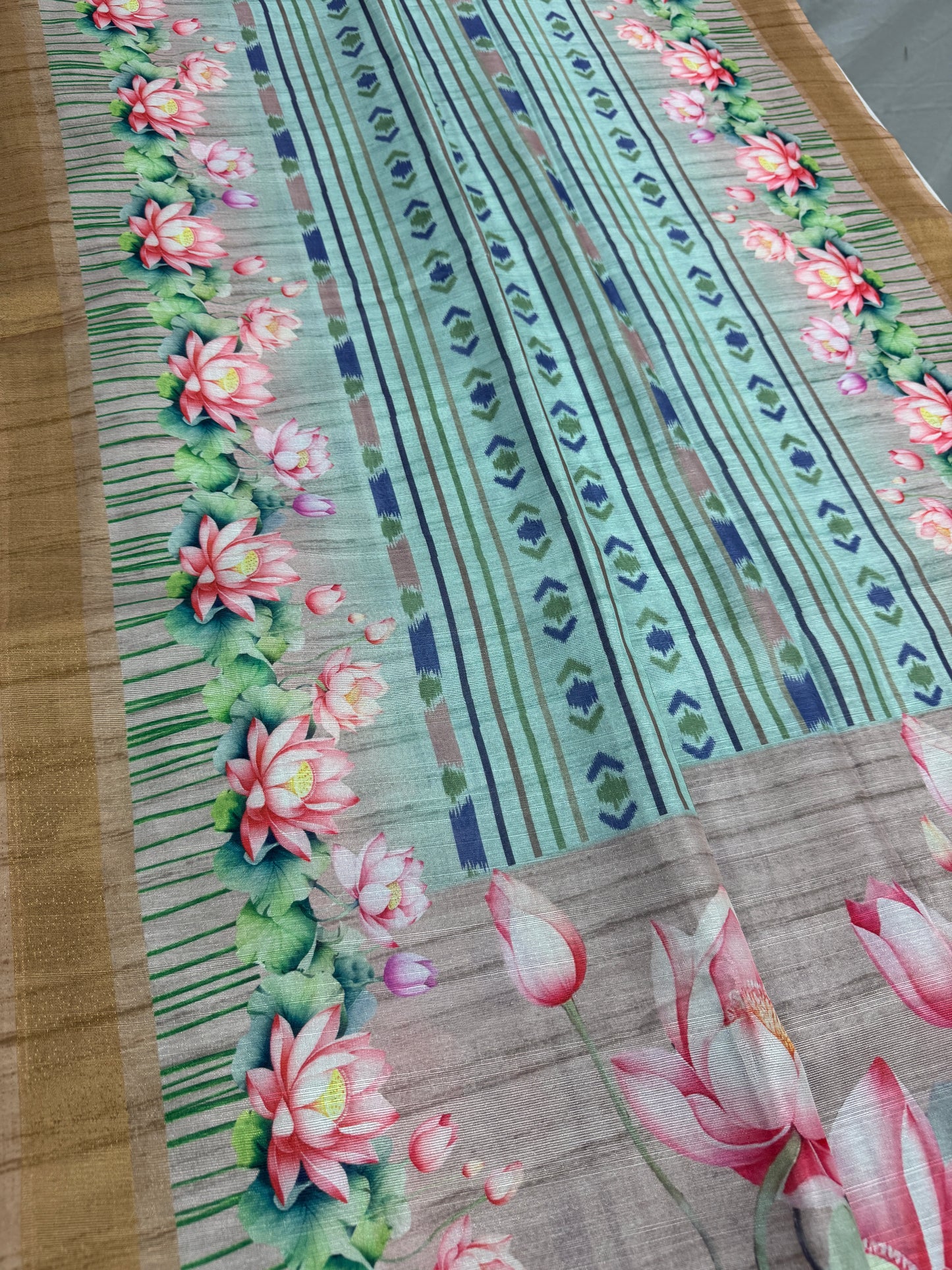 Soma | Sea Green & Earthy Brown Ikkat Fusion Semi Tussar Saree image 4