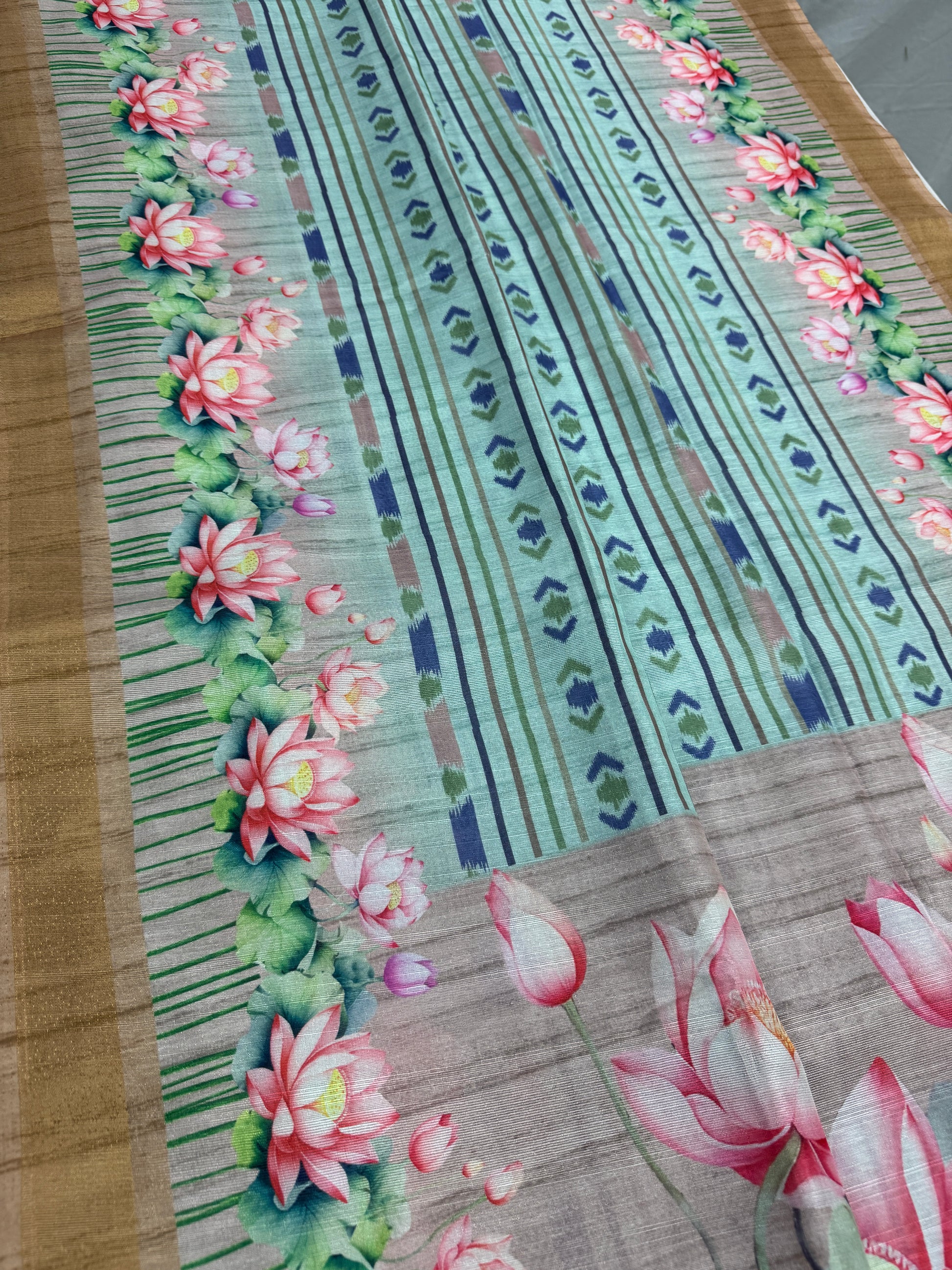 Soma | Sea Green & Earthy Brown Ikkat Fusion Semi Tussar Saree image 4