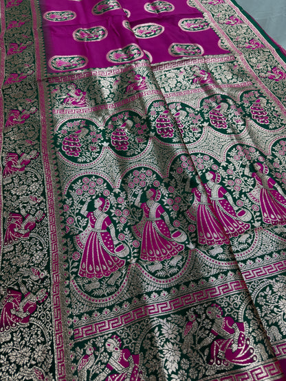 Rupsa : Magenta and Green Baluchari Saree in Blended Silk image 1