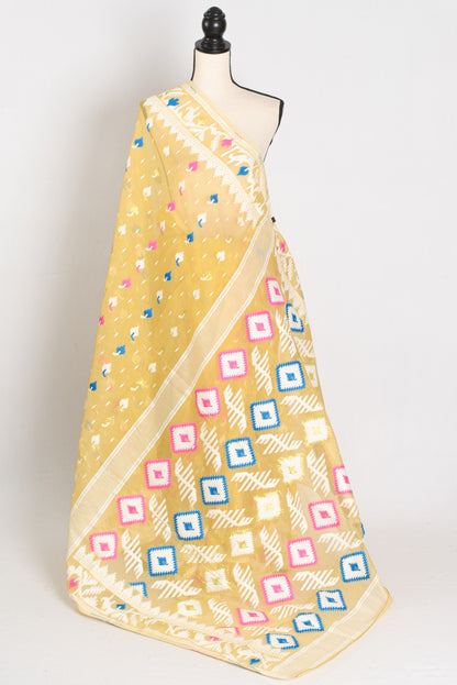 Srija : Blended Soft Cotton Jamdani Bengali Saree in Pineapple Yellow image 1
