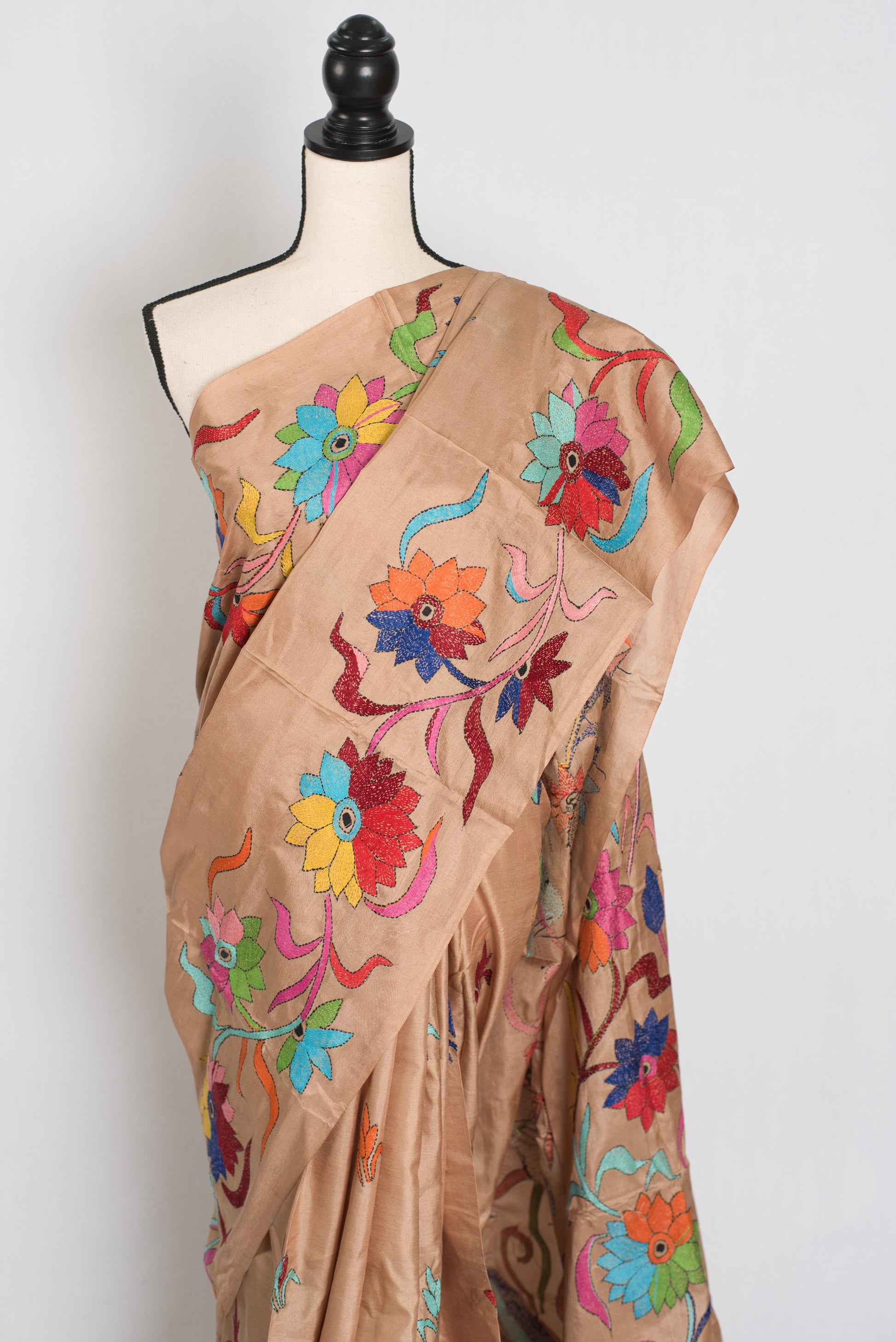 Malati: Silk Mark Certified Hand Embroidery Kantha Silk Saree in Brown image 4