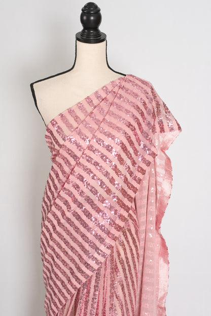 Afrin | Pink Soft Net Sequin Saree | Linear Shimmer Stripe Patterns image 6