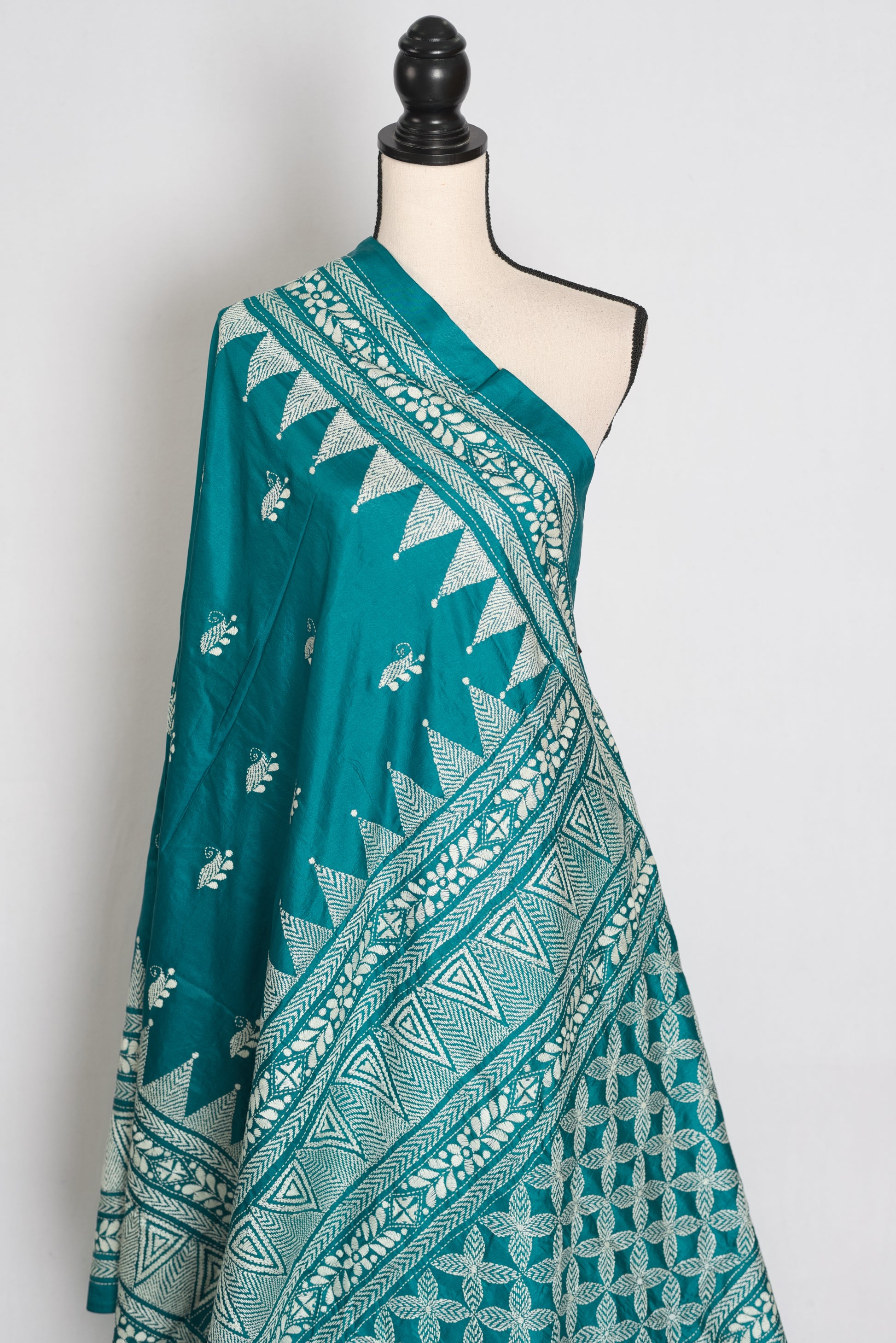 Keya : Green Pure Silk Kantha Saree with 40 Size Ready Stitched Blouse image 6