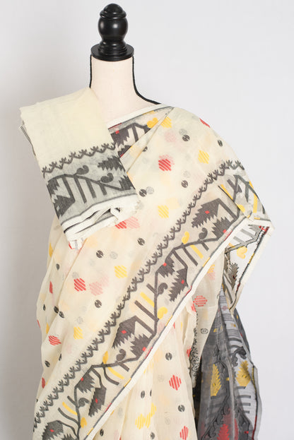 Mousumi : Cream and Black Blended Soft Cotton Jamdani Bengali Saree image 2