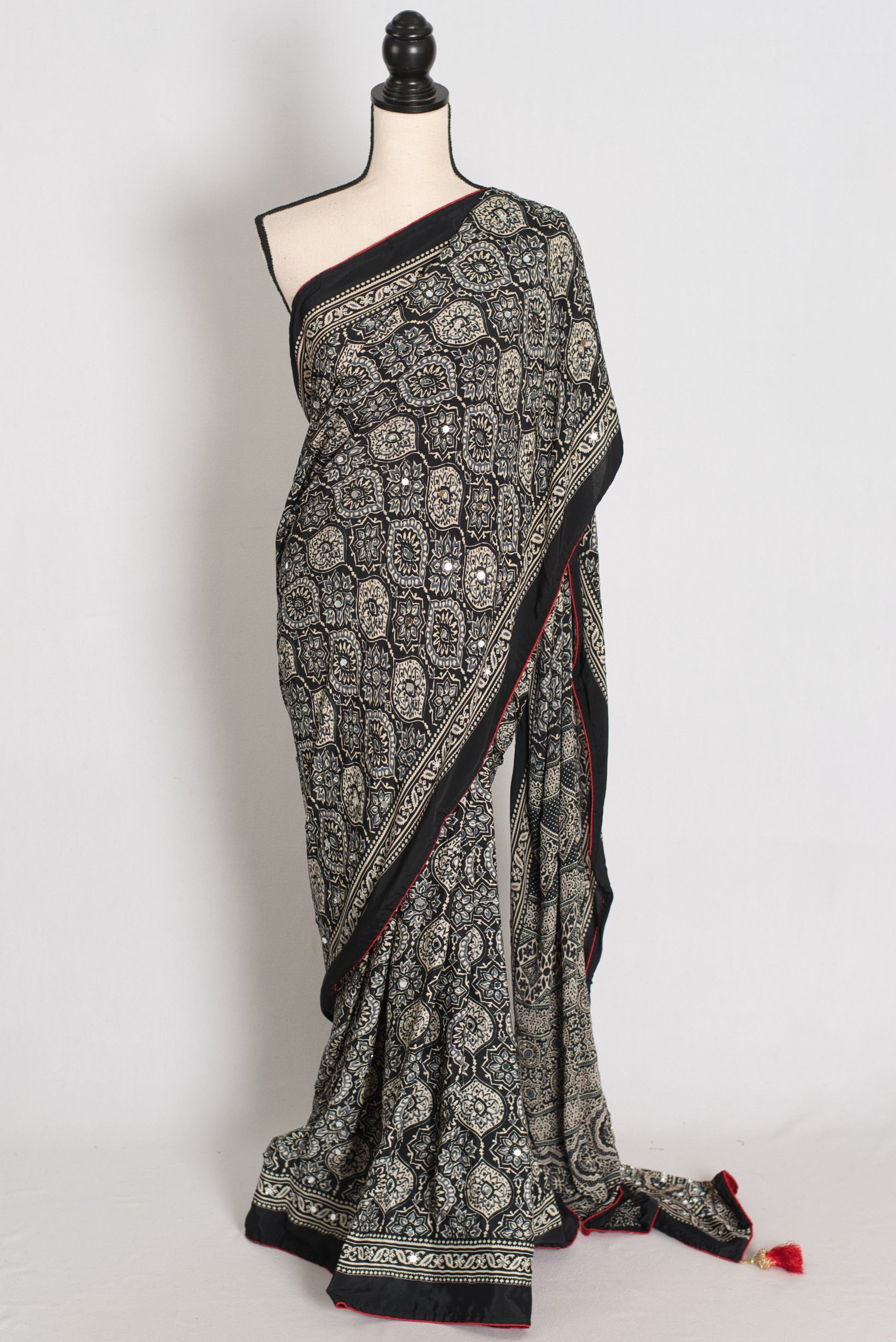 Ishq : Trending Black and Gray Semi Modal Silk Ajrakh Saree image 0