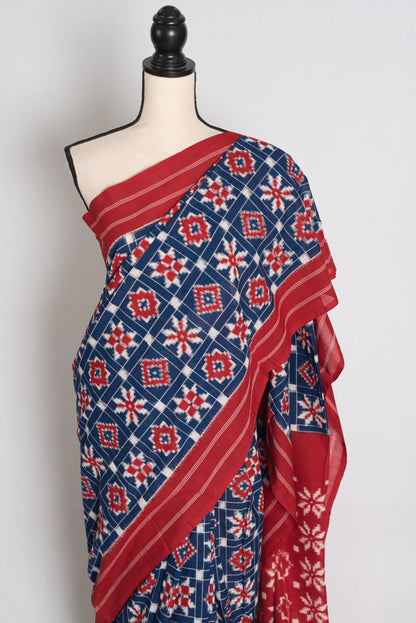 Tia Blue and Red Telia Rumal Handwoven Pochampally Double Ikat Pure Cotton Saree image 5