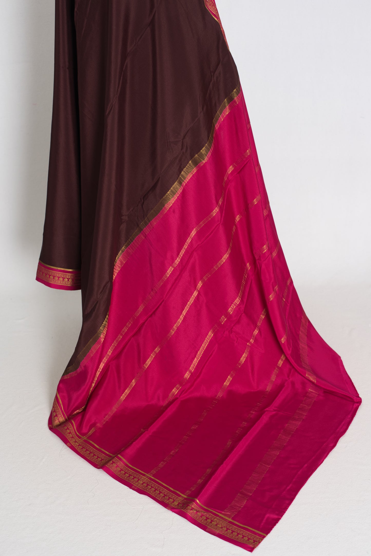 Devi : Brown and Pink Pure Mysore Crepe Silk Saree with 38 Size Stitched Blouse image 4
