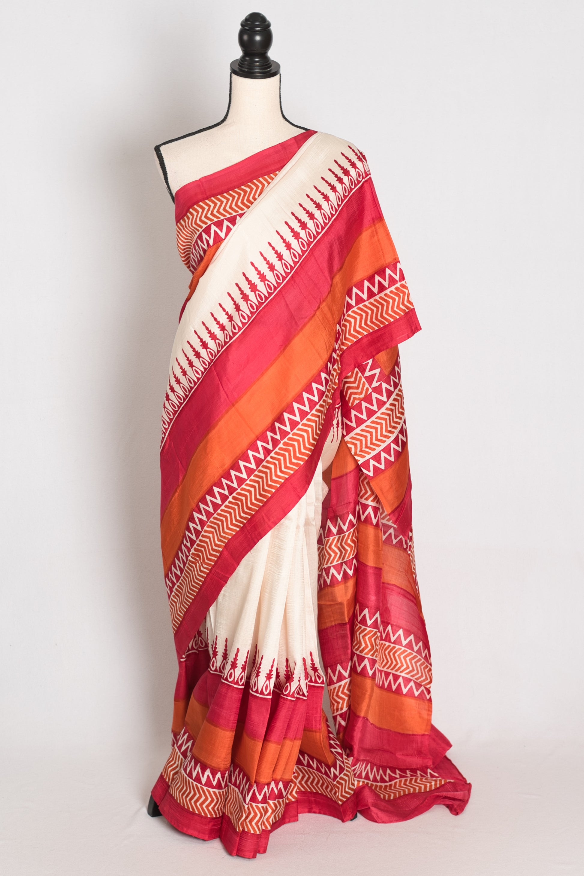 Lakshmi : Off-White and Red Hand Block Printed Murshidabad Pure Silk Saree image 0
