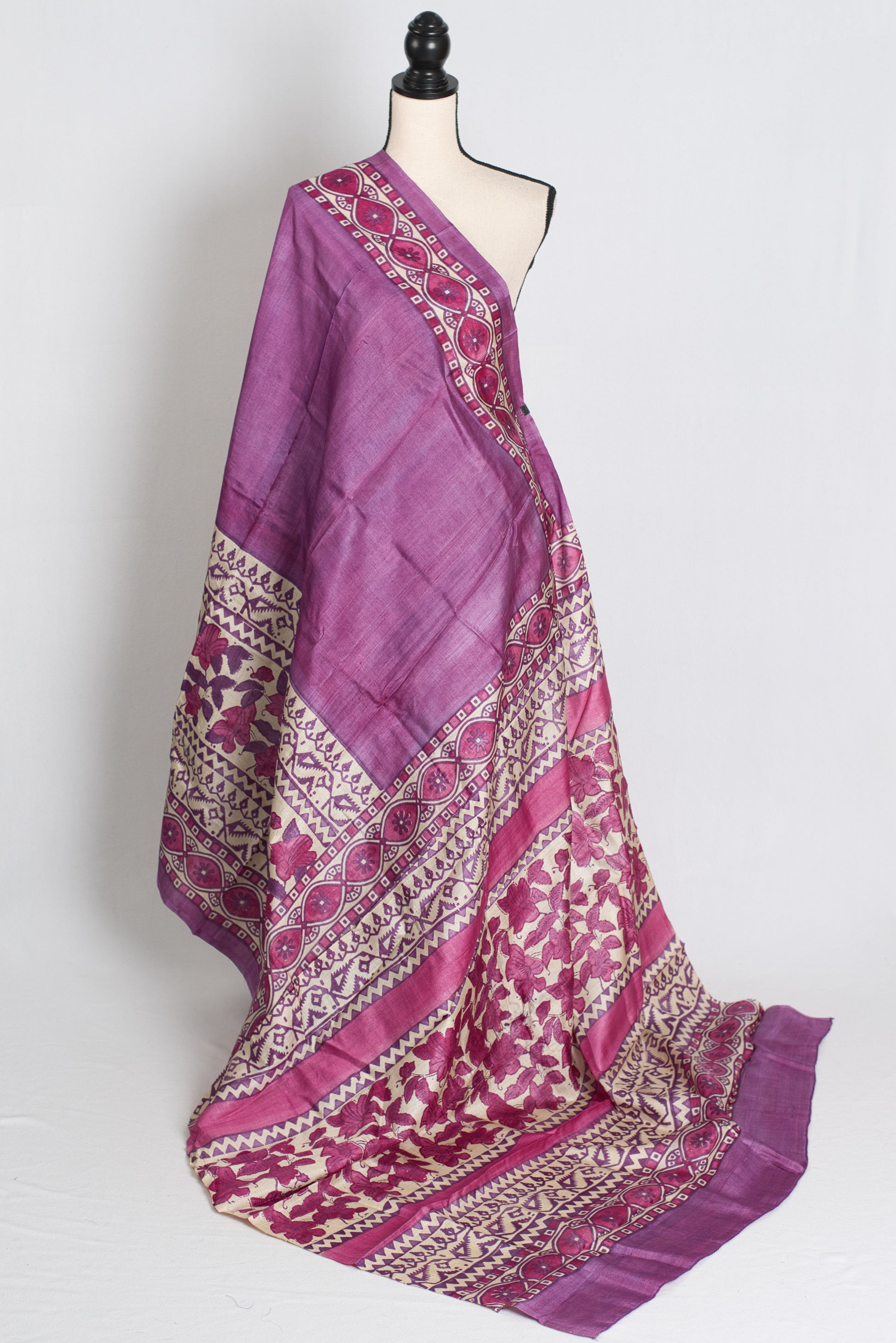 Girija : Premium Quality Hand Block Printed Lavender Tussar Silk Saree image 1