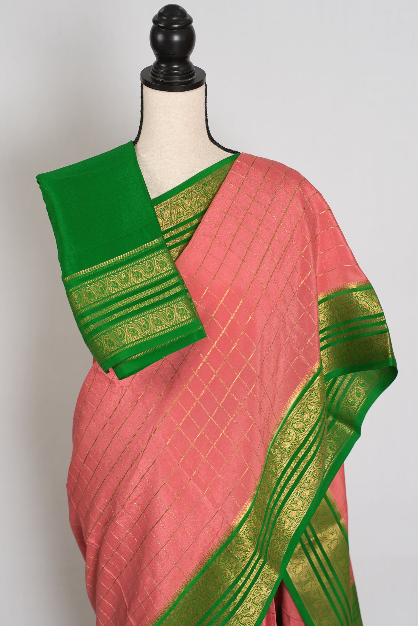 Padmini : Peach & Green Premium Mysore Silk Saree | Silk Mark Certified image 2