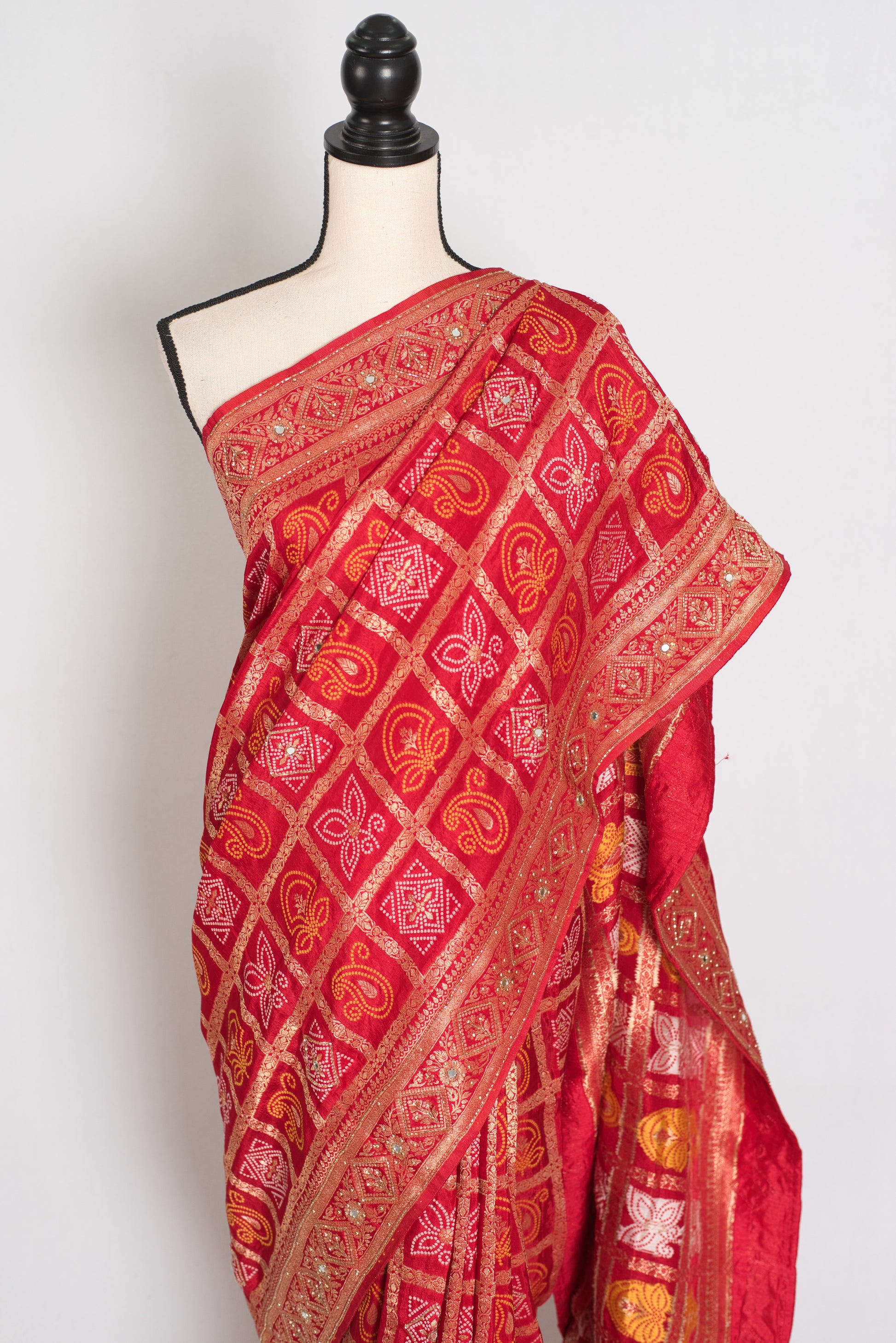 Radha | Red Dola Silk Gharchola Banarasi Saree | Hand-Embroidered Border & Pallu image 6