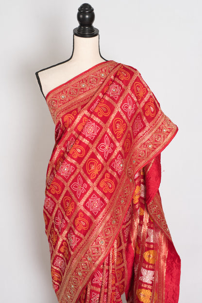 Radha | Red Dola Silk Gharchola Banarasi Saree | Hand-Embroidered Border & Pallu image 6
