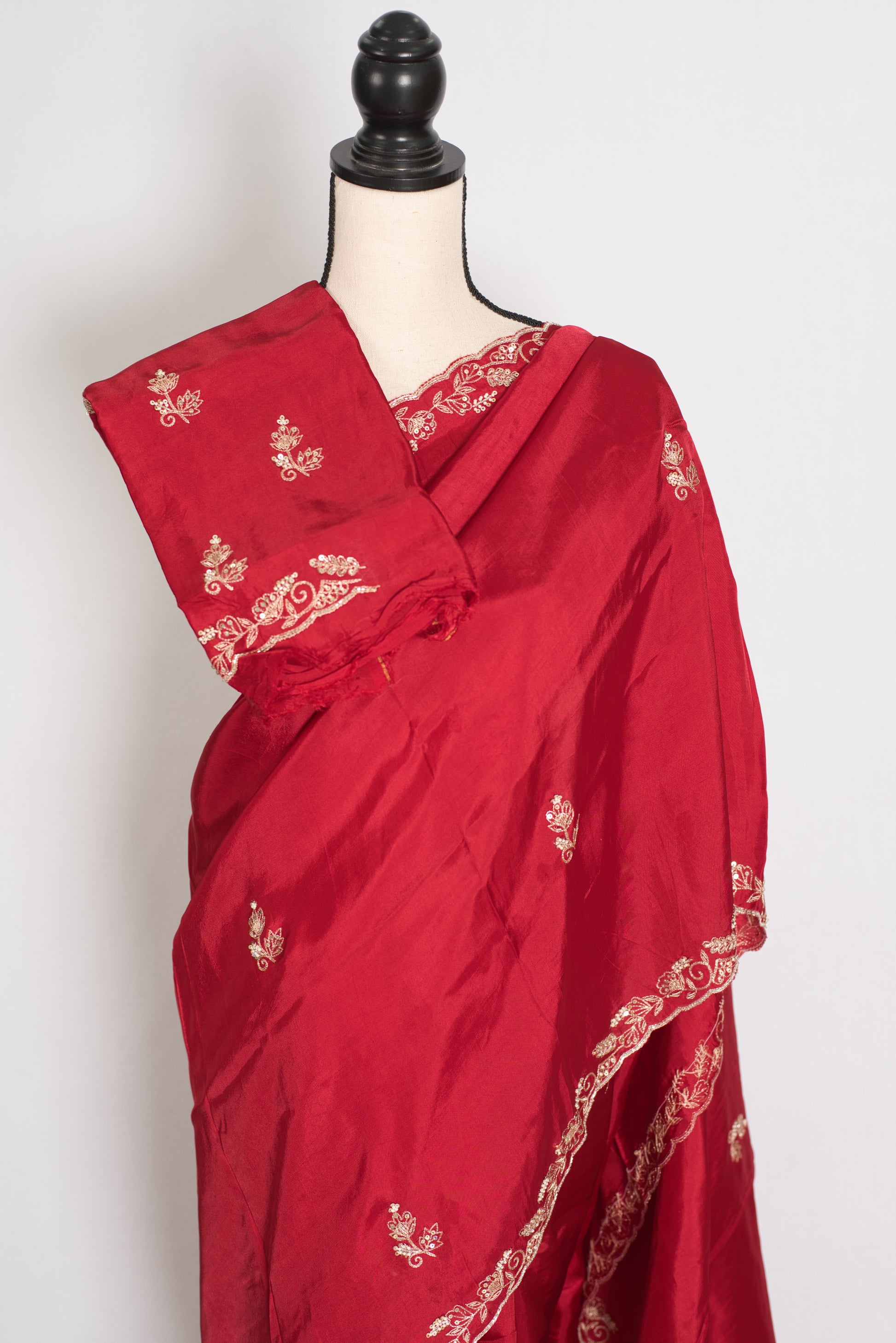 Afrin: Red Semi Satin Saree with Zardosi Hand Embroidery | Partywear image 2