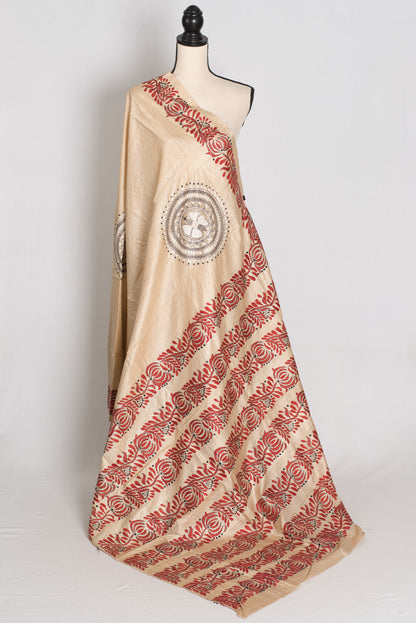 Mati : Pure Gachi Tussar Hand Embroidered Kantha Stitch Saree in Beige image 1