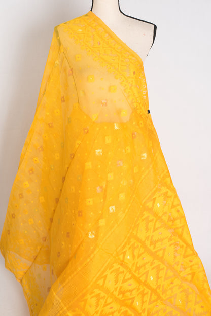 A vibrant deep yellow Bengali Jamdani saree crafted from a soft cotton blend, featuring traditional hand-loomed patterns perfect for festive occasions.