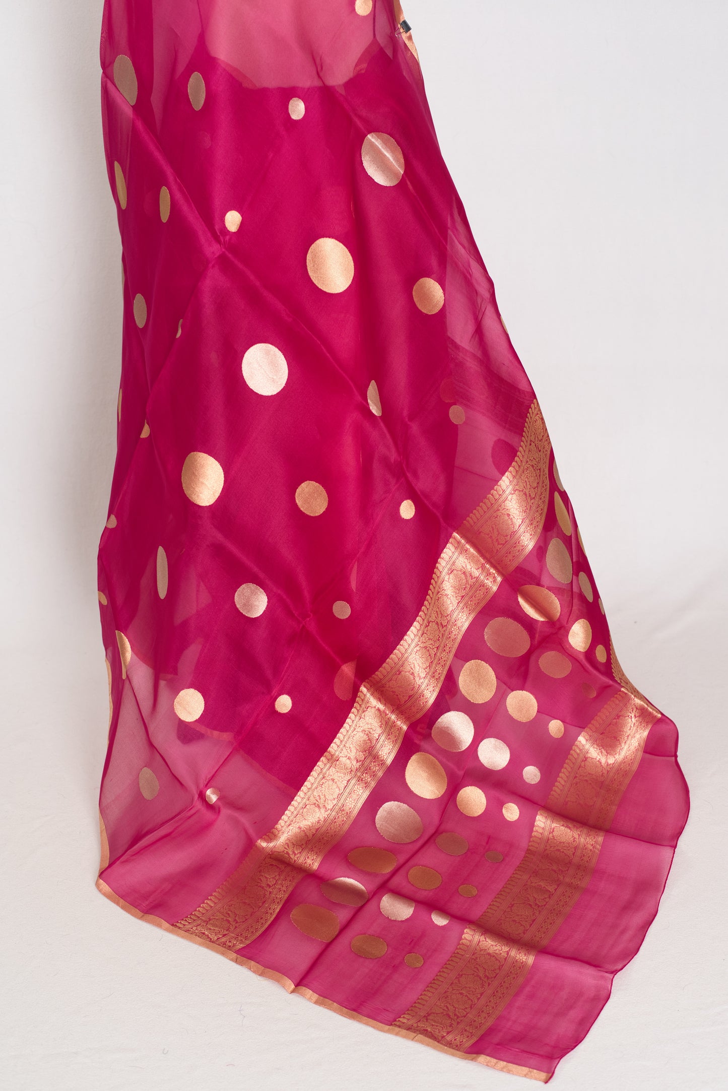Aaliya | Hot Pink Kora Organza Banarasi Saree | Contemporary Gold Polka Dots image 3