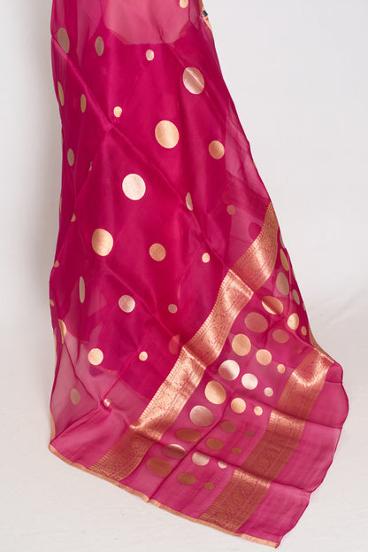 Aaliya | Hot Pink Kora Organza Banarasi Saree | Contemporary Gold Polka Dots image 3