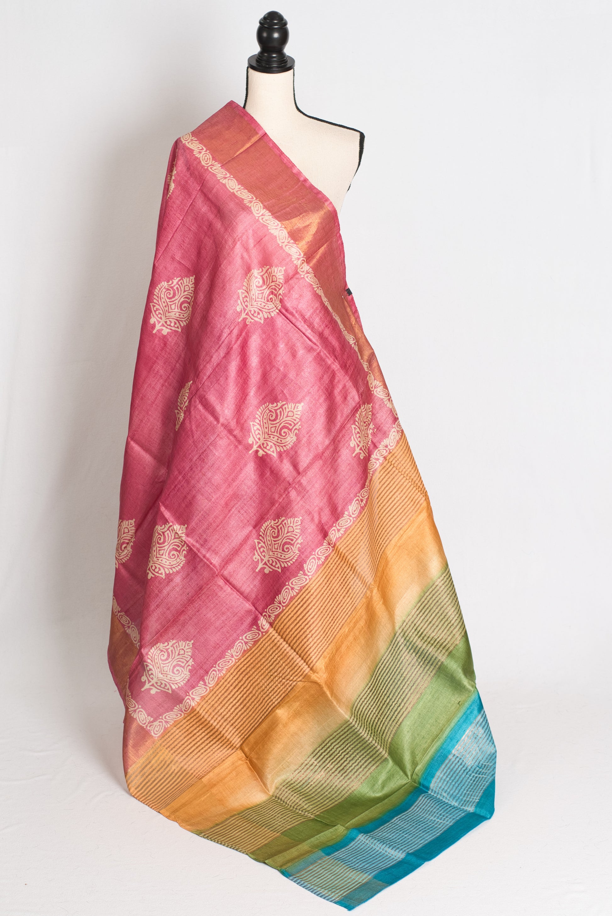 Bela: Hand Block Printed Pink Tussar Silk Saree with Tri-Color Pallu image 1