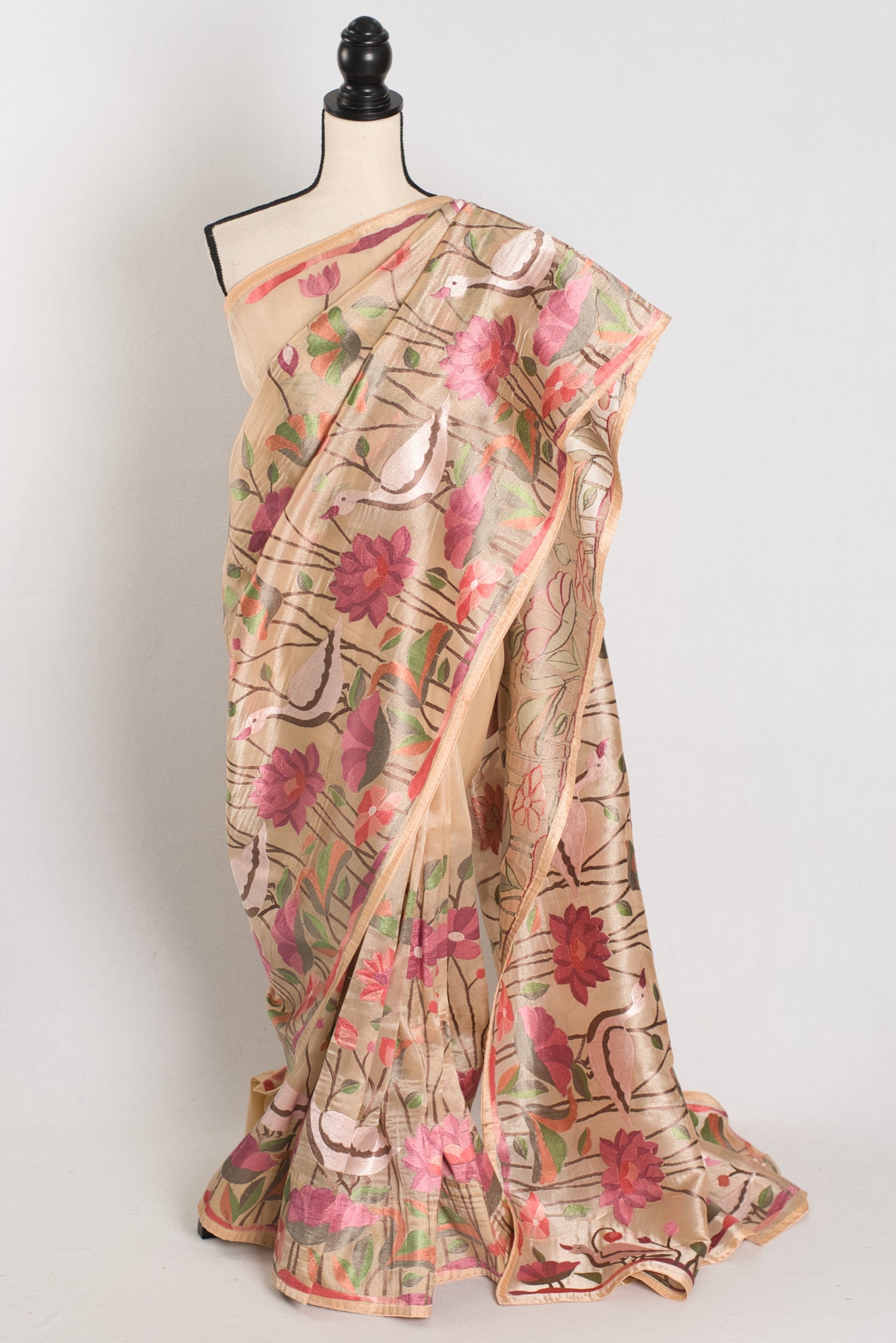 Brinda : Organza Designer Saree with Heavy Embroidery Work in Beige image 0