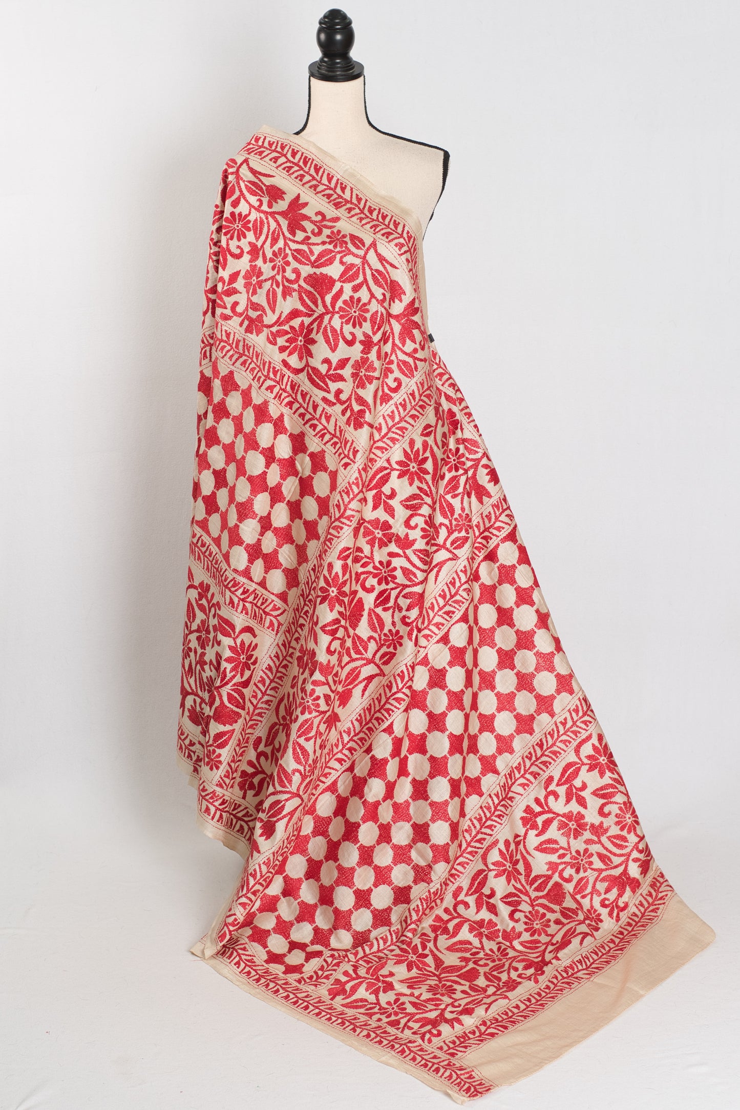 Ahiri | Beige and Red Kantha Stitch Gachi Tussar Silk Saree image 3
