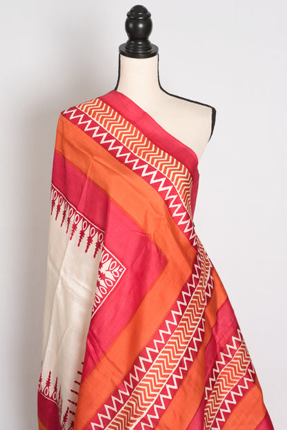 Lakshmi : Off-White and Red Hand Block Printed Murshidabad Pure Silk Saree image 4