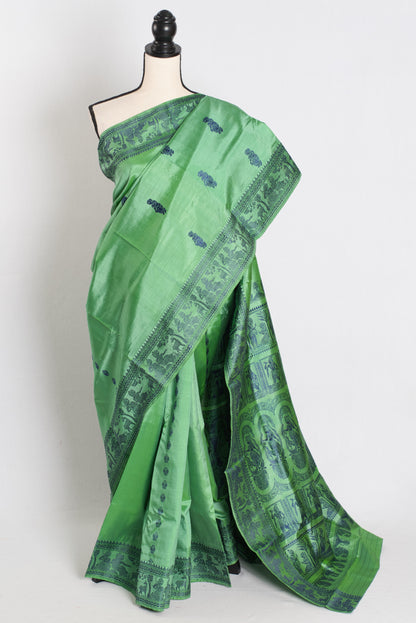 Sriti : Traditional Baluchari Silk Saree from Bengal in Sage Green image 0