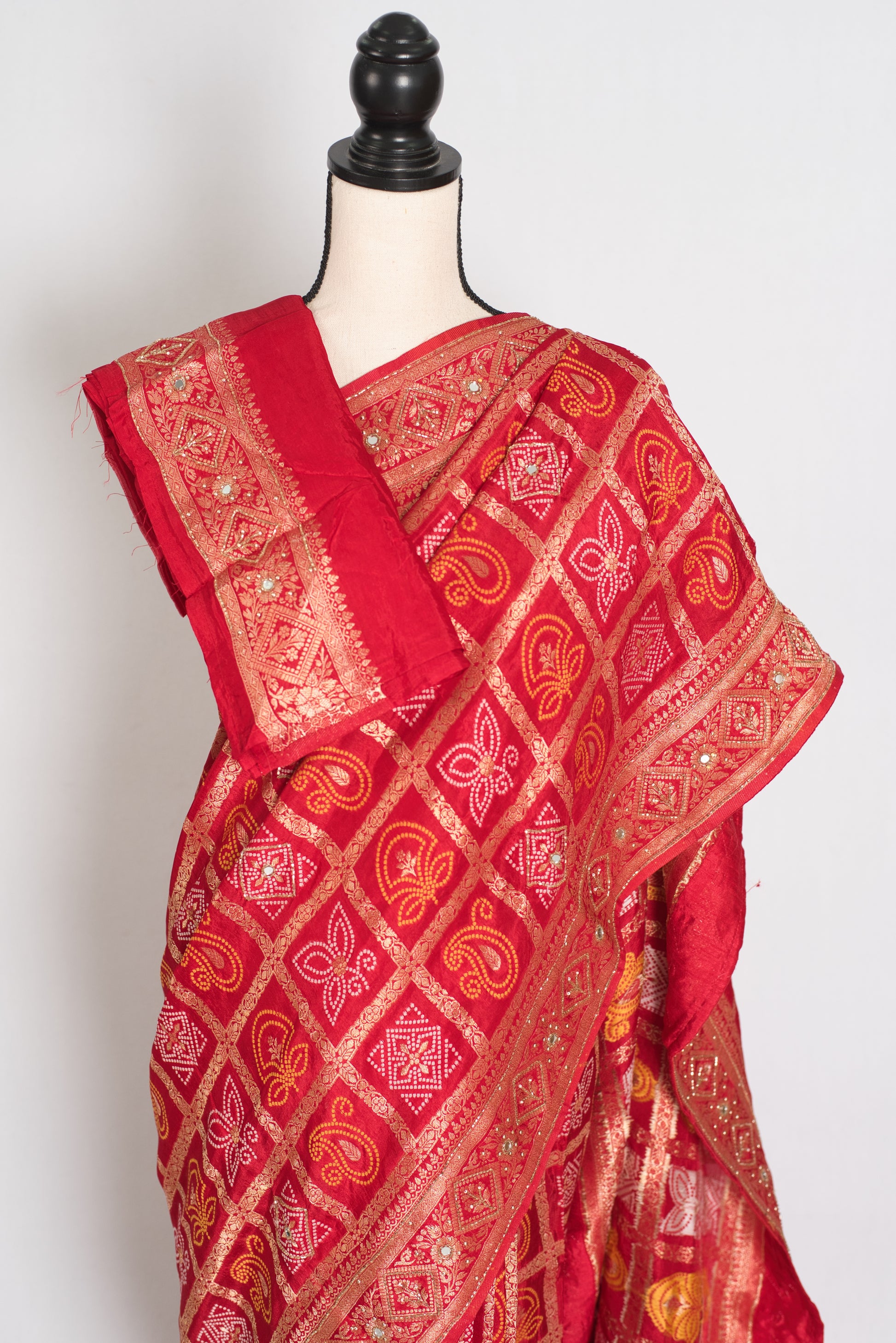 Radha | Red Dola Silk Gharchola Banarasi Saree | Hand-Embroidered Border & Pallu image 2