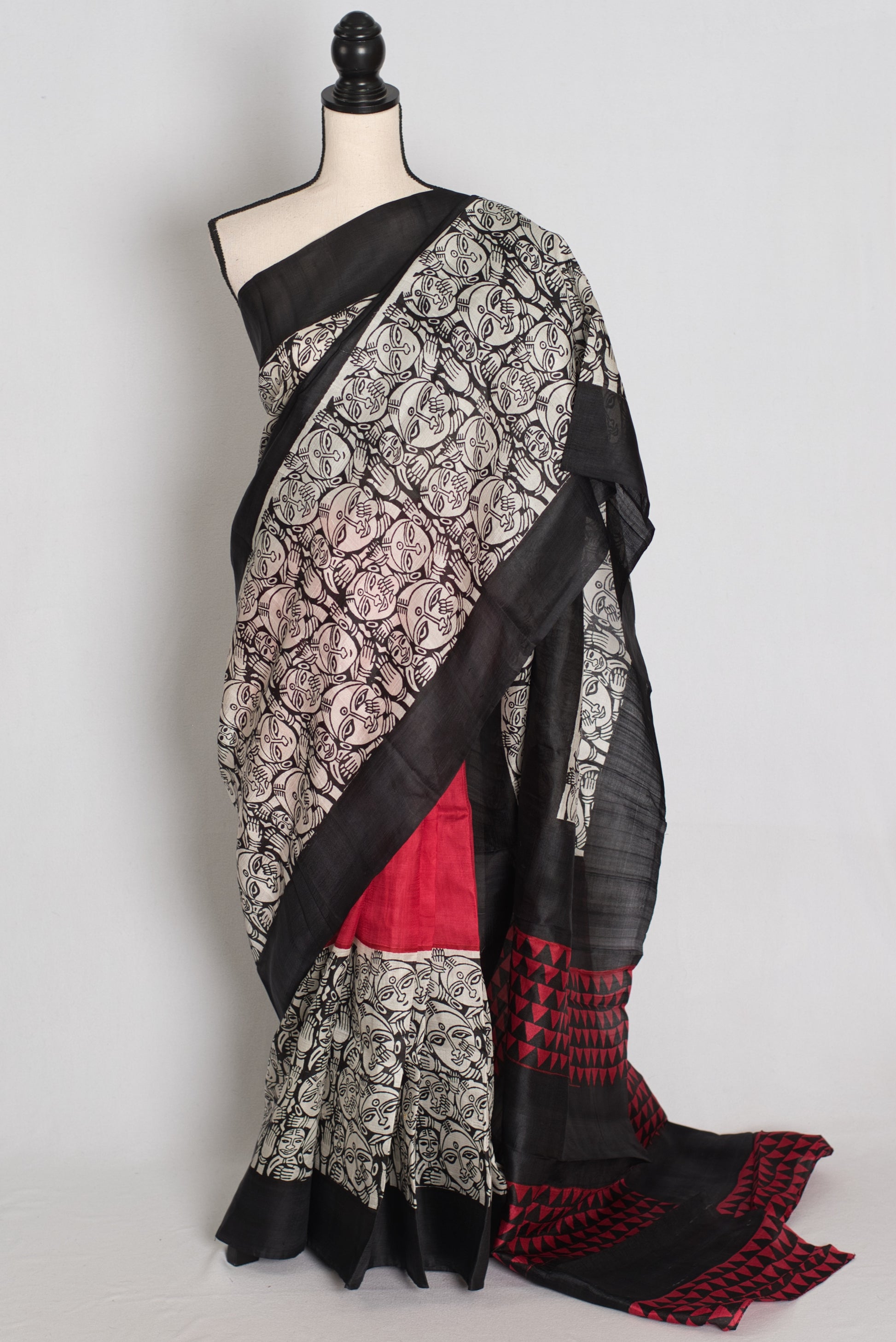 Swapna : Black and Red Half and Half Hand Block Printed Murshidabad Silk Saree image 0
