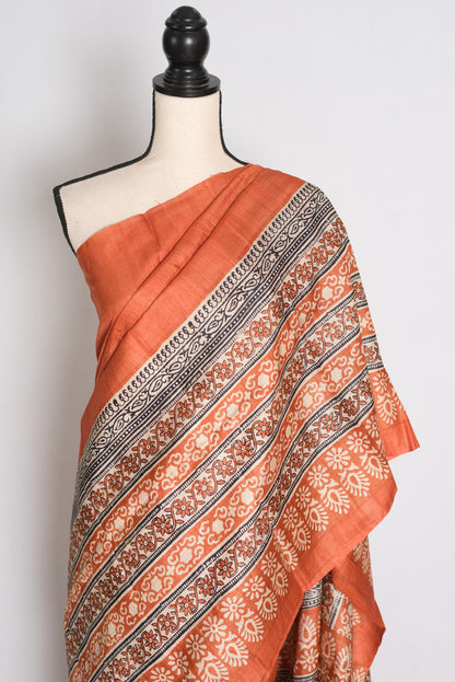 Indu : Orange Block Printed Pure Tussar Silk Saree with 38 Size Blouse image 3