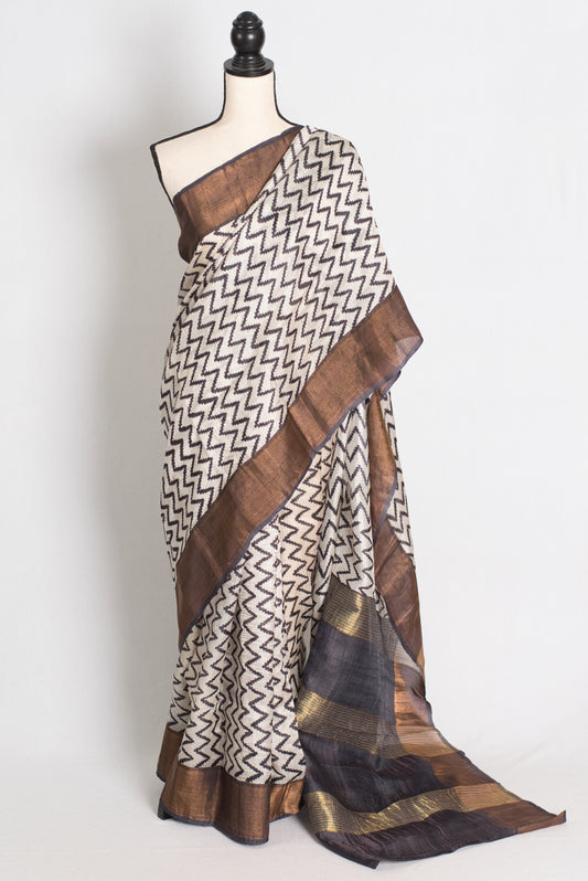Rai : Black & White Zigzag Matka Tussar Silk Saree | Contemporary Bengali Style image 0