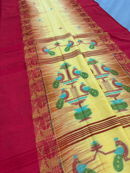 Kanchana : Yellow and Red Soft Cotton Bengal Handloom Saree image 3