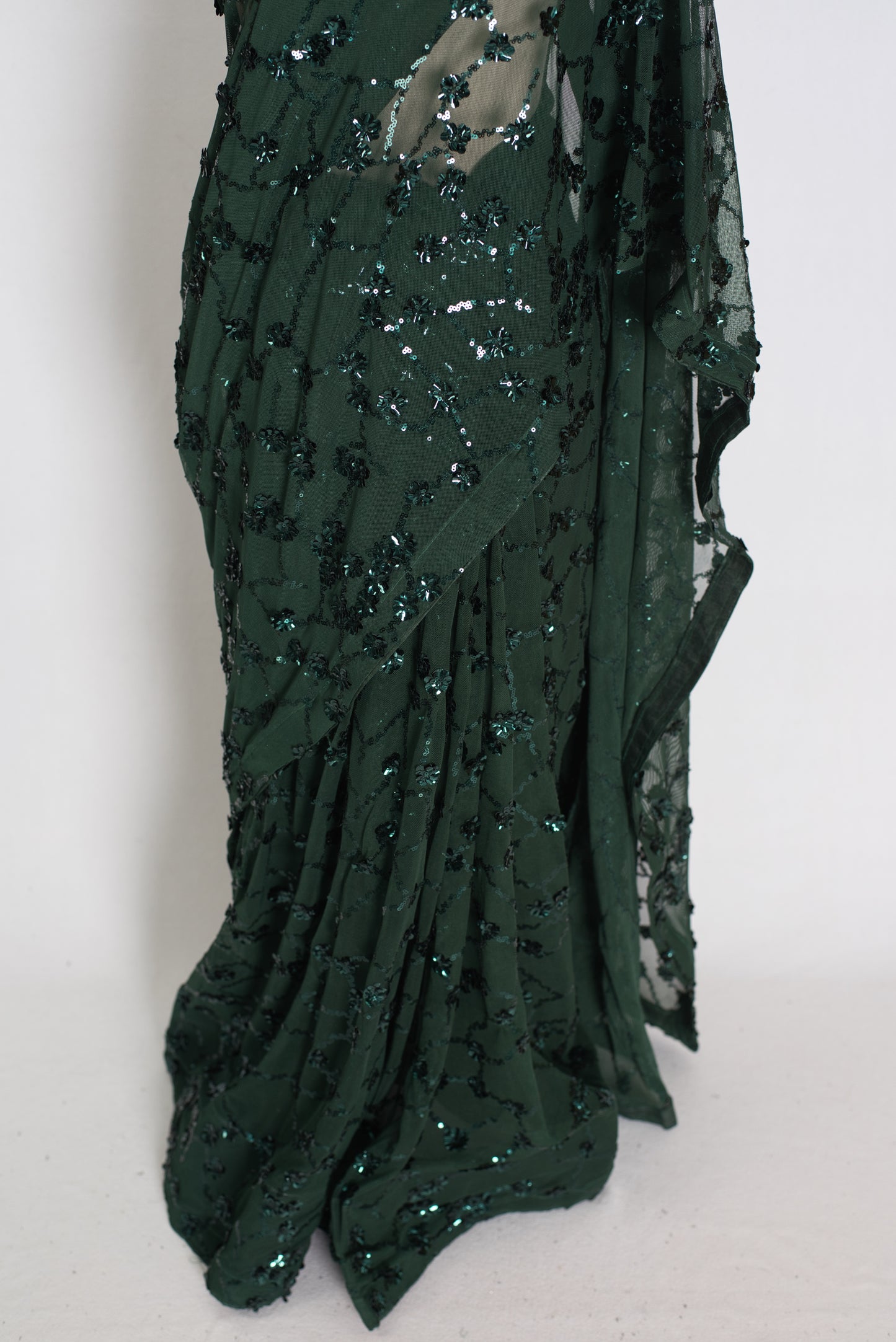 Gia | Bottle Green Soft Net Sequin Saree | Glamorous Evening Cocktail Partywear image 5