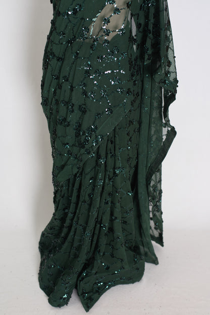 Gia | Bottle Green Soft Net Sequin Saree | Glamorous Evening Cocktail Partywear image 5