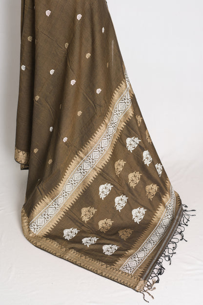 Mala : Snuff Brown Pure Cotton Assamese Handloom Saree image 3