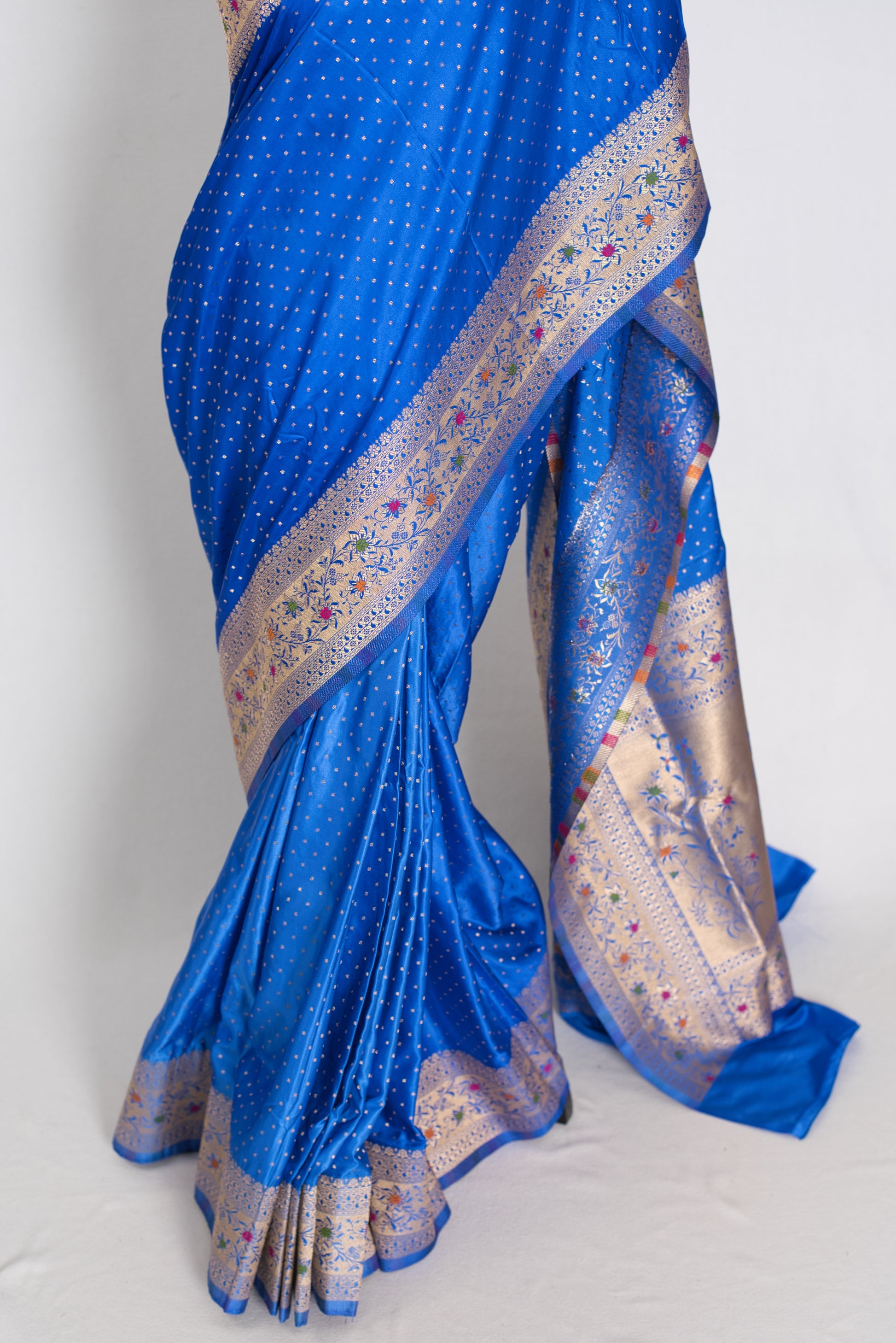 Nila | Blue Semi Mashru Banarasi Saree | Pre-Stitched Size 42 Brocade Blouse image 7