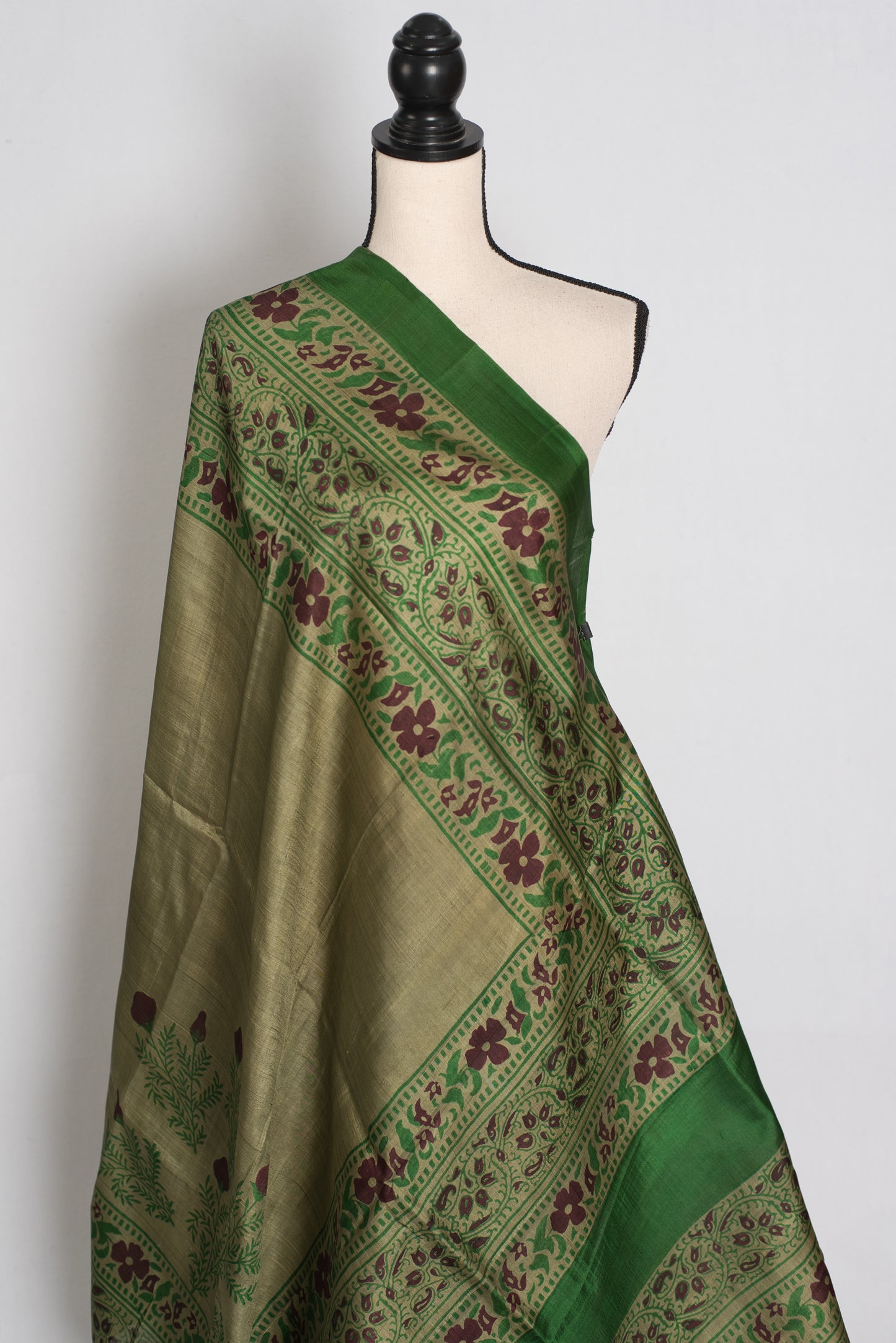 Shyamoli : Olive Green Hand Block Printed Murshidabad Pure Silk Saree image 4