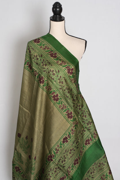 Shyamoli : Olive Green Hand Block Printed Murshidabad Pure Silk Saree image 4