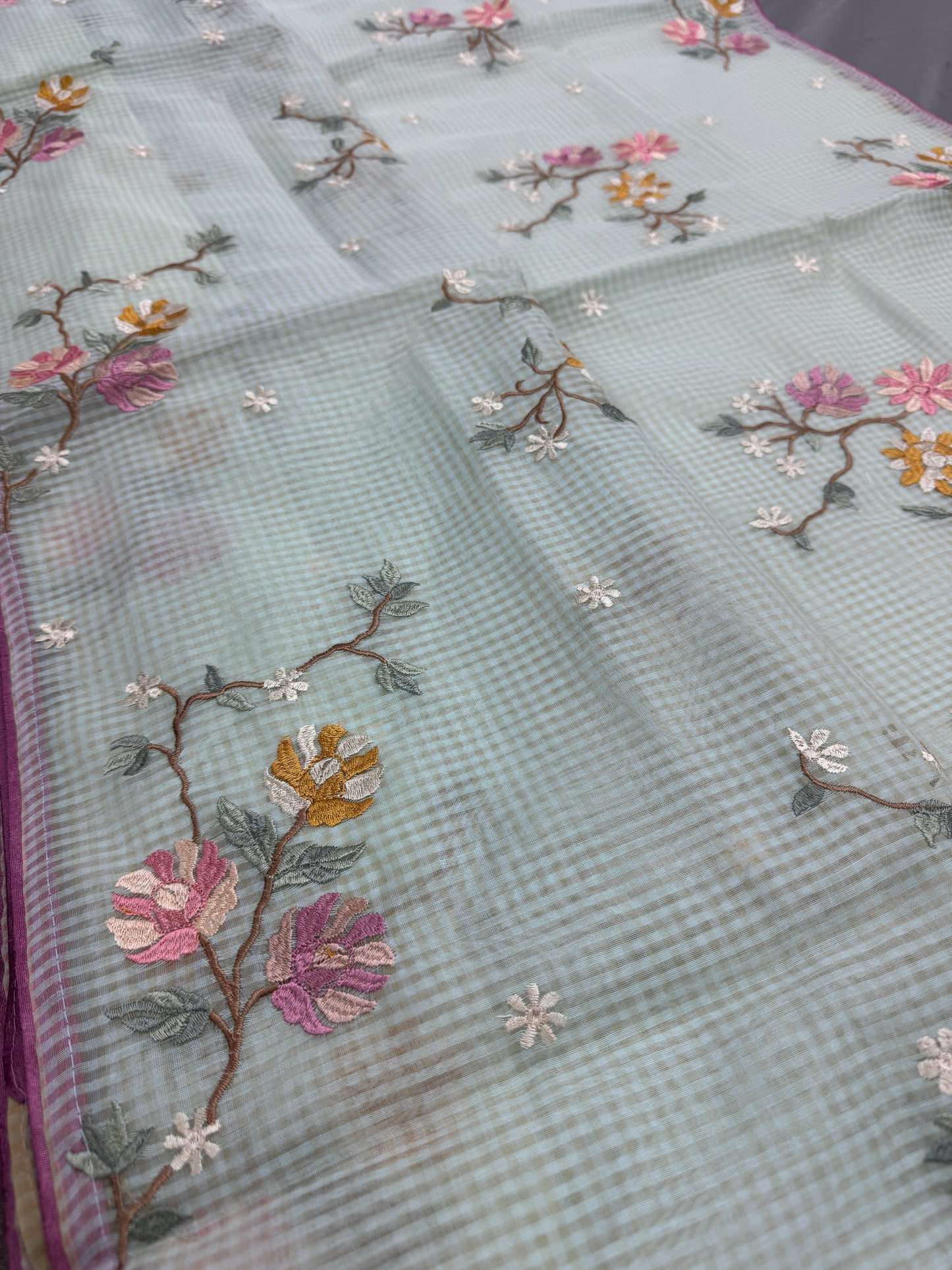 Damini | Sea Green Floral Embroidery Blended Cotton Kota Saree image 4