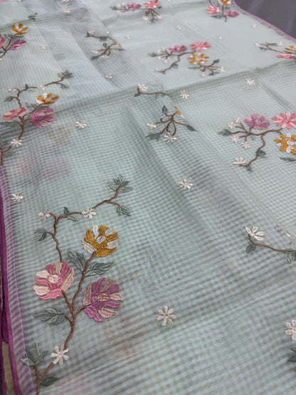 Damini | Sea Green Floral Embroidery Blended Cotton Kota Saree image 4