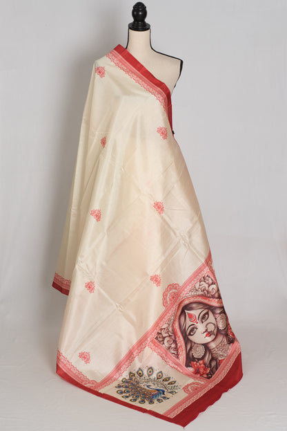Gayatri: Cream and Red Printed Semi Silk Durga Puja Saree with Durga Pallu image 4