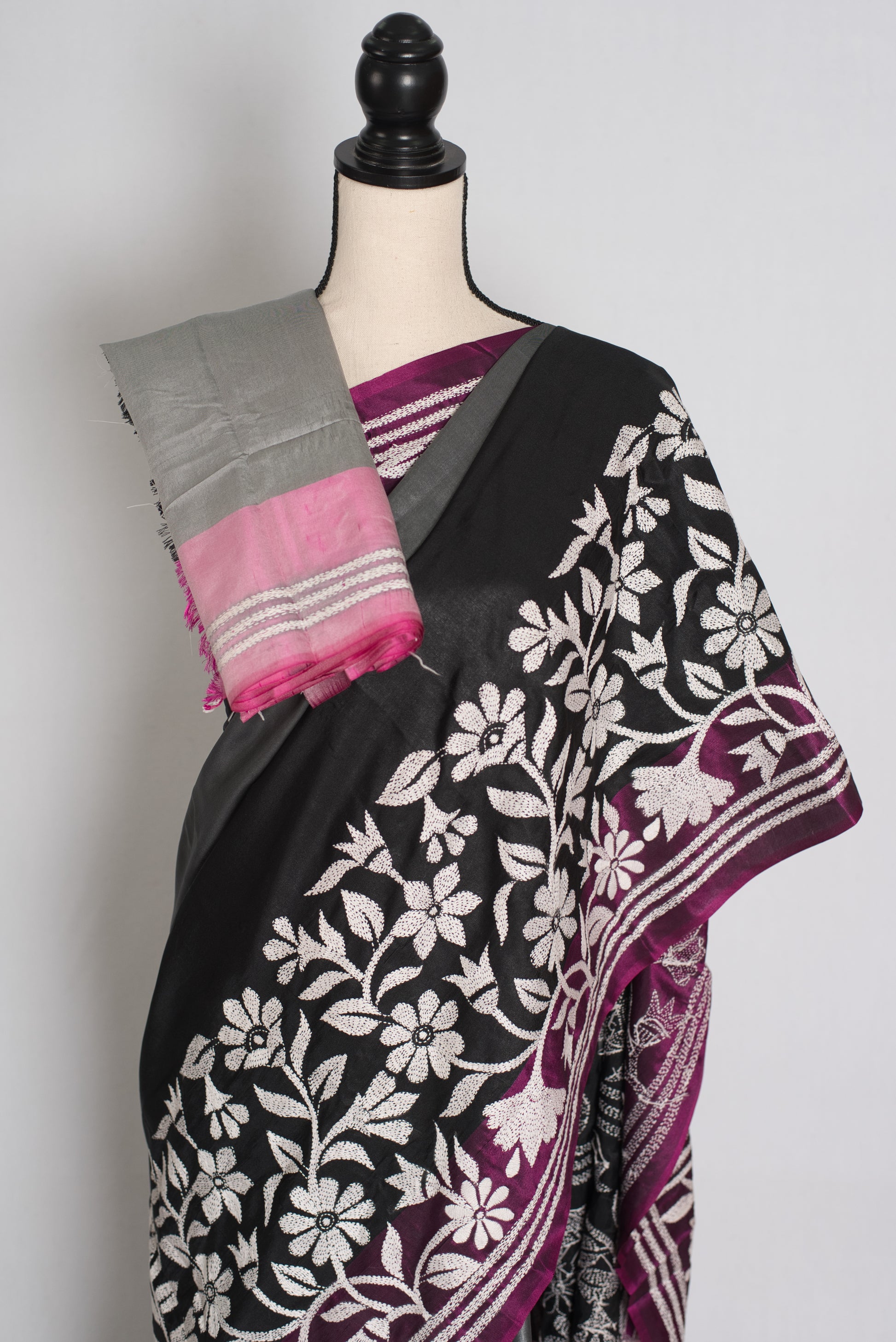 Neha : Black and Gray Hand Embroidered Kantha Stitch Semi Silk Saree image 2